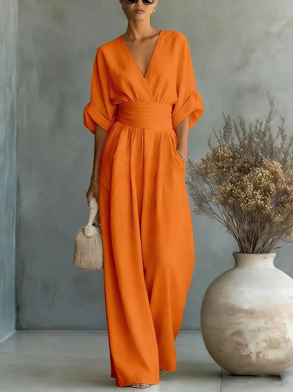 Women Elegant Linen V Neck Short Sleeve Jumpsuit Waist Cinched Wide Leg Long Pants Rompers with Pockets Casual Ladies Overalls