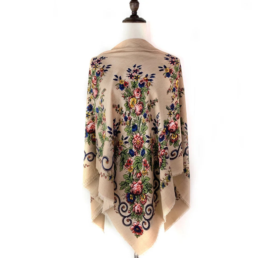 120*120cm Breathable Thin Russian Square Scarf Women Luxury Floral Print Bandana Shawl Foulard Female Beach Scarves Wraps