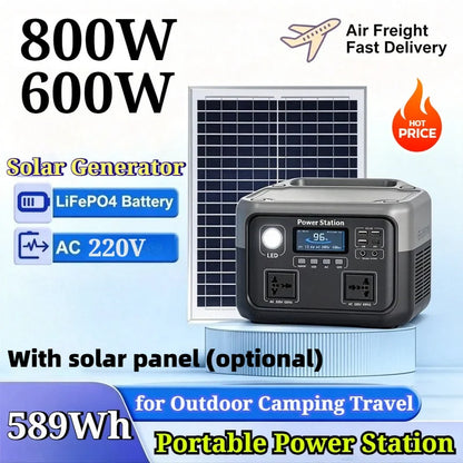 New 800W 589WH Portable Power Station 600W/800W Solar Generator Backup Power Bank for Outdoor Camping, Home Emergency, RV Travel