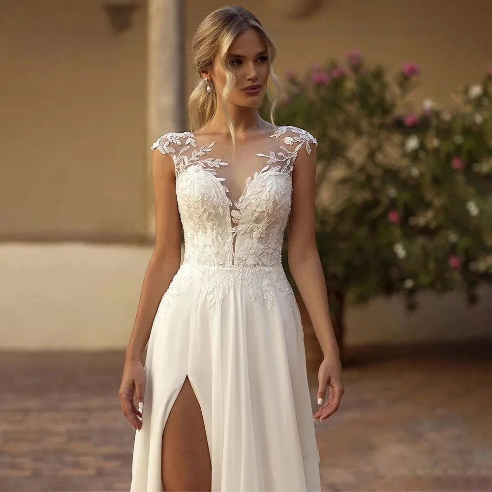 Elegant Chiffon Wedding Dresses for Bride Sheer Neck Illusion Bridal Party Gown with Slit Lace Applique Vestidos De Novia