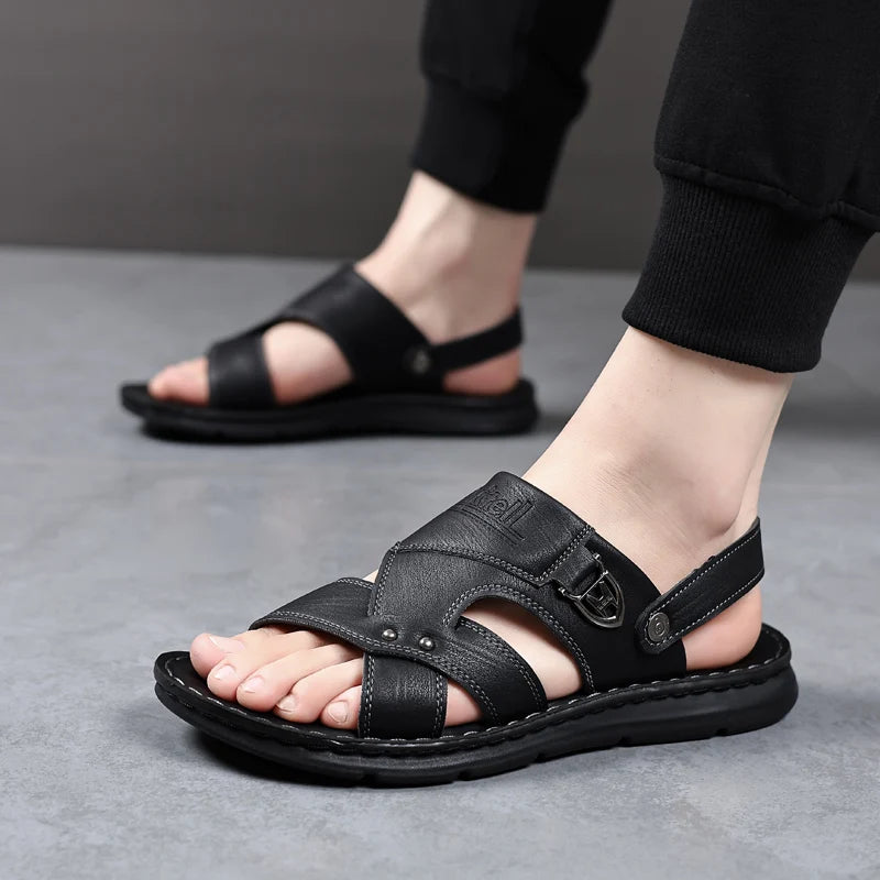 Mens Slippers 2026 New Summer Breathable Outdoor Non Slip Thick-soled Beach Shoes Leather Comfortable Casual Driving Sandals Man