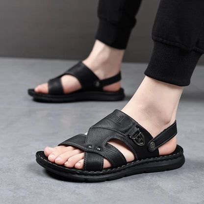 Mens Slippers 2026 New Summer Breathable Outdoor Non Slip Thick-soled Beach Shoes Leather Comfortable Casual Driving Sandals Man