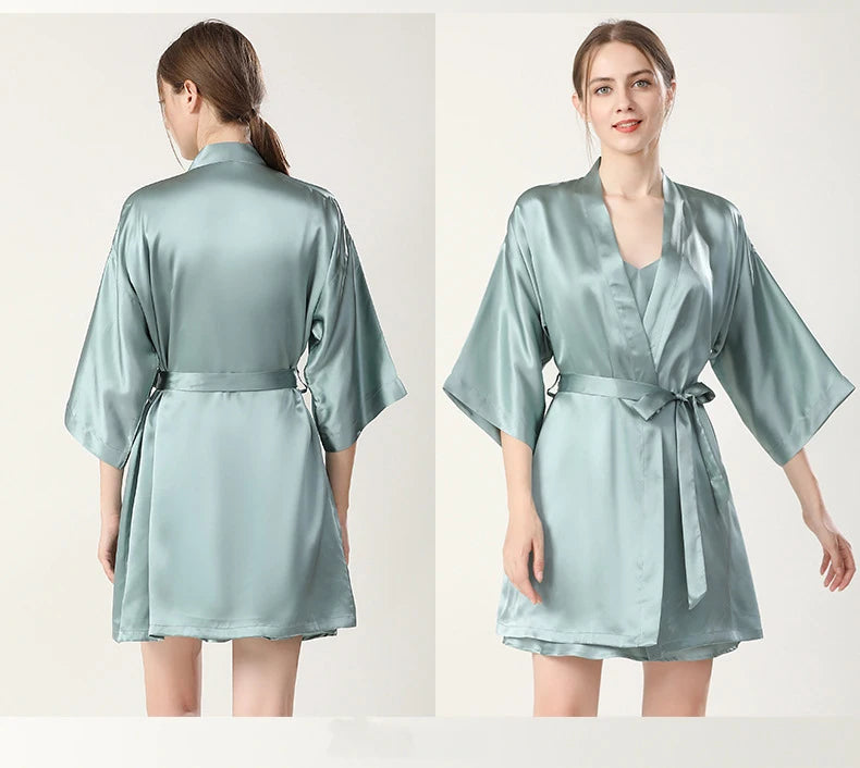 100% Real Silk Pajamas for Women Summer Two-Piece Set Sexy Cami Nightgown & Robe Set Mulberry Silk Sleepwear Autumn Winter