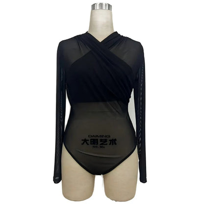 Elegant Long Sleeve Halter Bodysuits Women Fashion Solid Color Mesh Slim Short Jumpsuit Female Sexy Shirts Jumpsuit Red Black