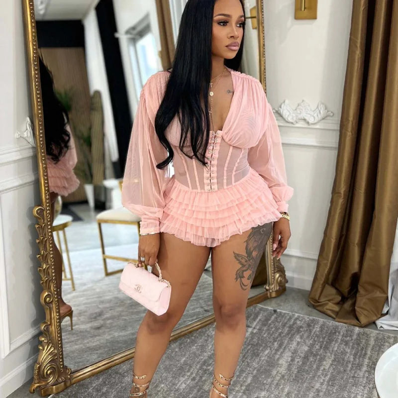 Sexy Mesh Corset Jumpsuit Women Gothic Ruffle Layered Rompers Long Sleeve Sheer Bodysuit Cross-pants Party Nightclub Romper