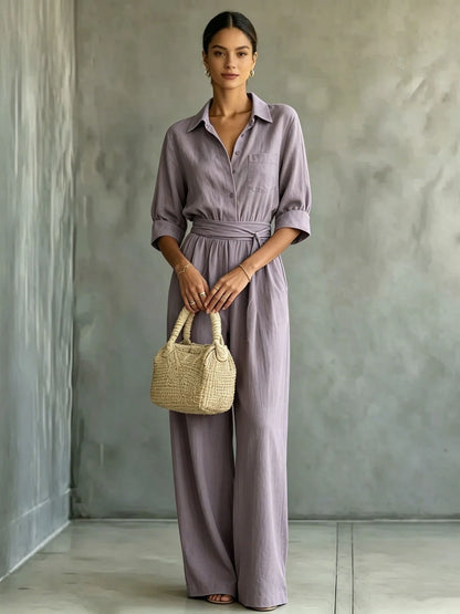 Women's Mid-sleeve Shirts Jumpsuits Spring Summer New 2026 New Fashion Elegant Waisted Lace-up Wide-leg Trousers Female Rompers