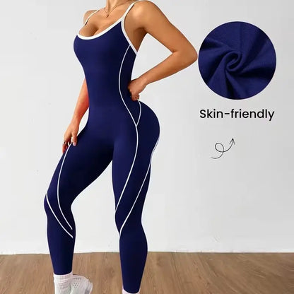 Women Spaghetti Strap Yoga Jumpsuit White Contrast Piping One Piece Fitness Bodysuit Tummy Control Gym Workout Pilates Tennis Sp