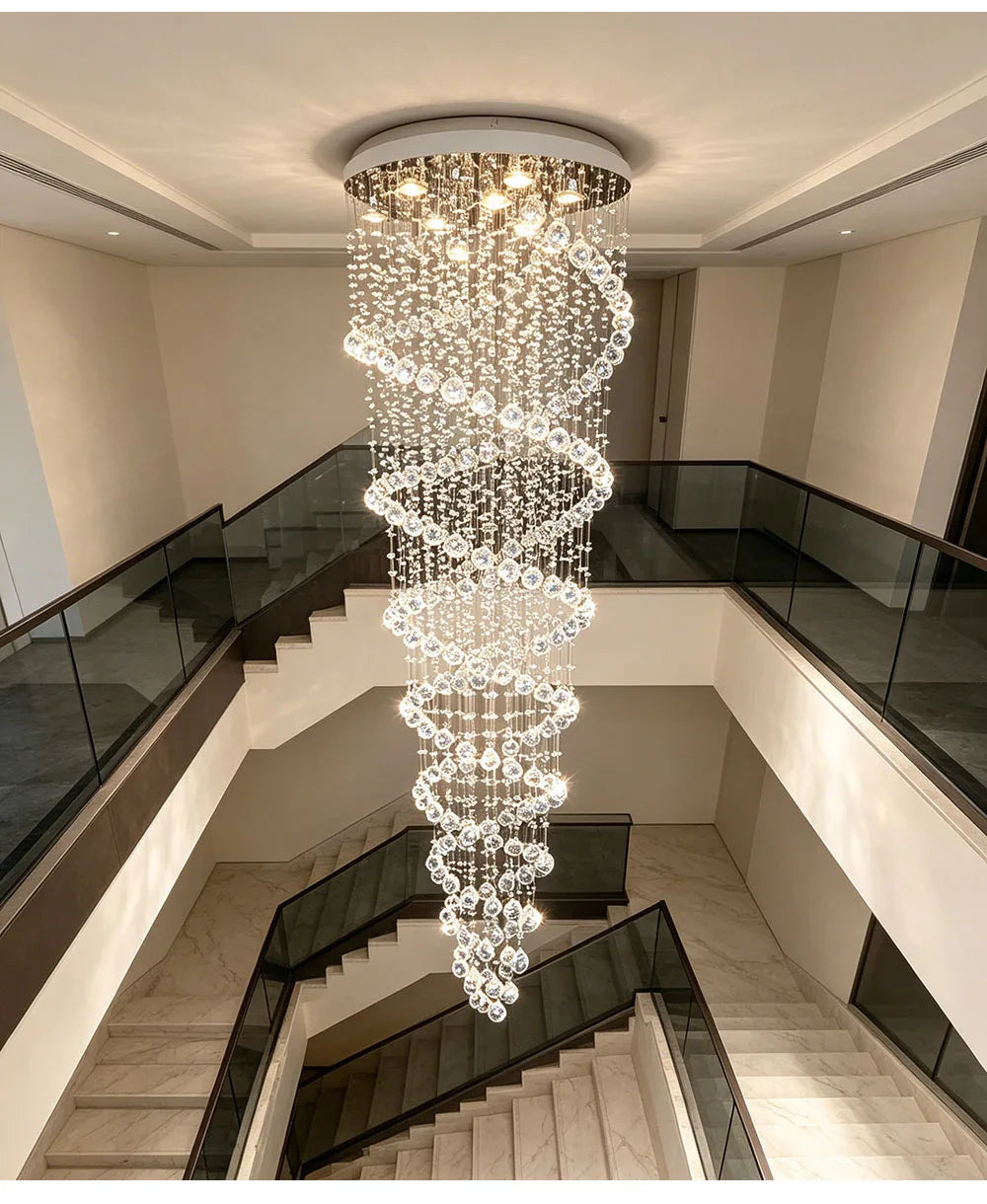 Modern Luxury Spiral Crystal Ceiling Fixture Long Cascading Crystal Design for Duplex Stairwell High Ceiling Home Lighting
