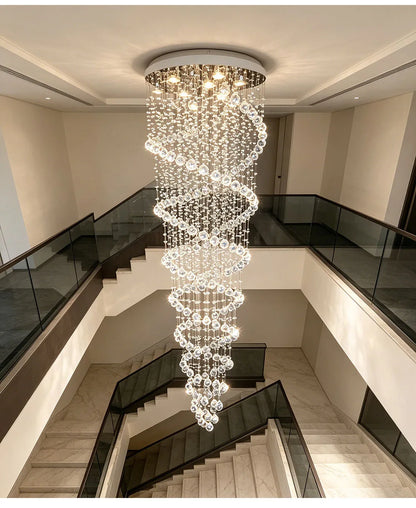 Modern Luxury Spiral Crystal Ceiling Fixture Long Cascading Crystal Design for Duplex Stairwell High Ceiling Home Lighting