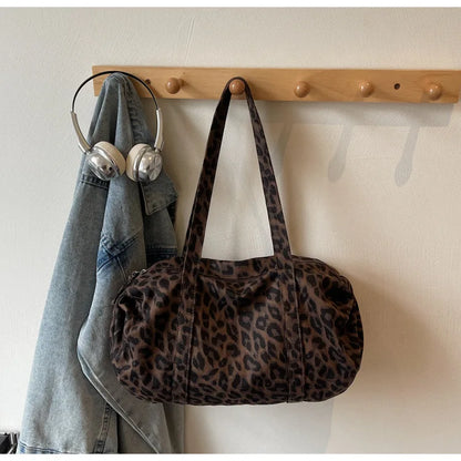Trendy Leopard Print Canvas Shoulder Bag Large Capacity Fashion Tote Handle Bag for Daily Commute Versatile Texture Storage Bags