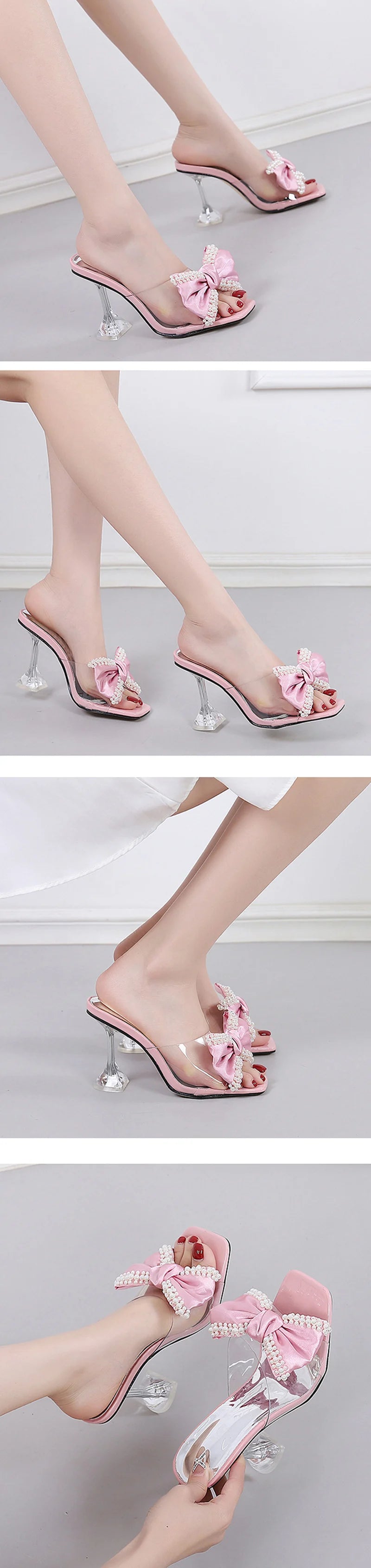 Liyke 2026 New Style Pink Women Slippers Sandals Fashion Pearl Bowknot High Heels PVC Transparent Shoes Summer Mule Slides Pumps