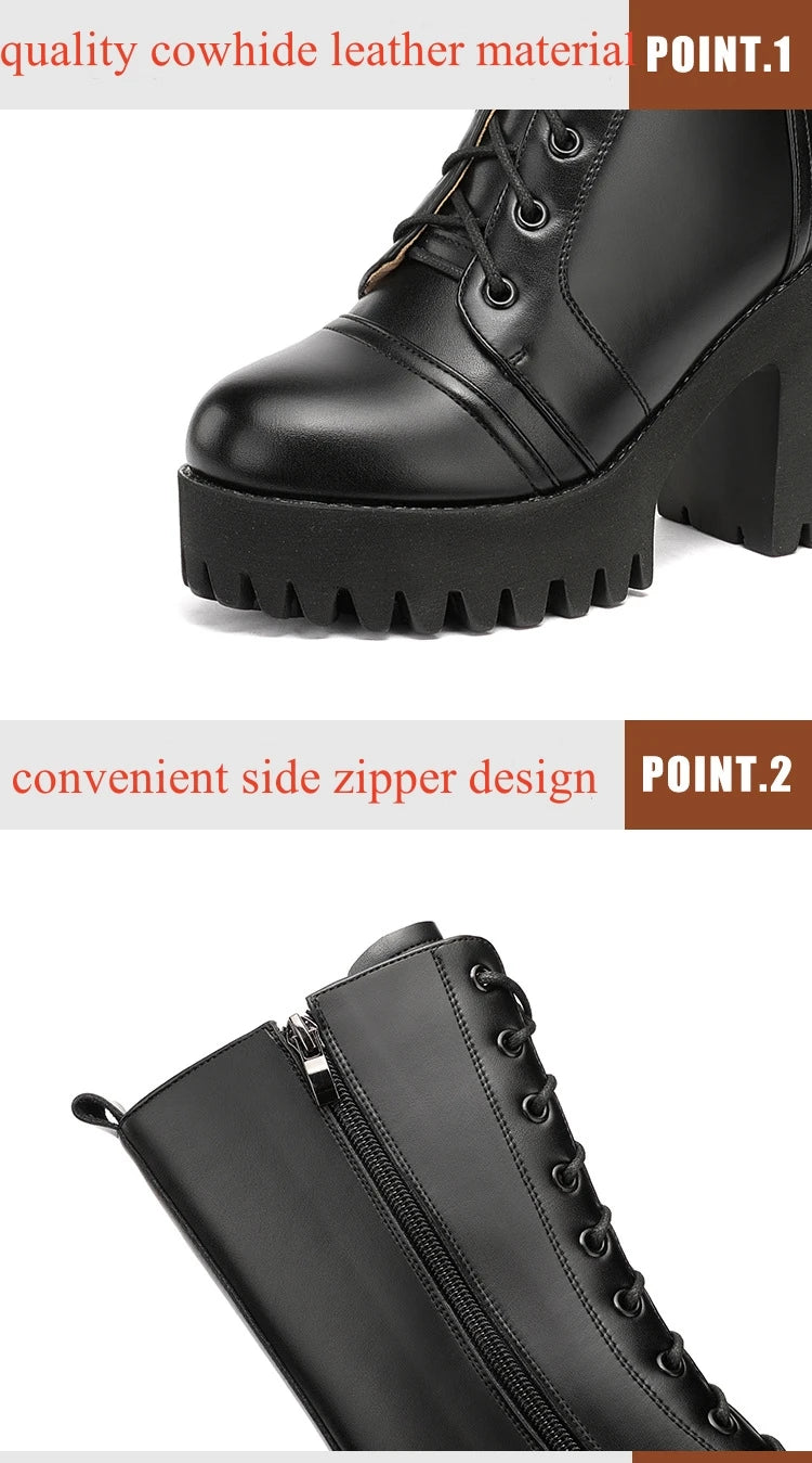 10cm Small Size 32-43 Fall Winter Genuine Leather Boots Platform Shoes 2026 Womens Block High Heels Mid Leg Boots Office Model