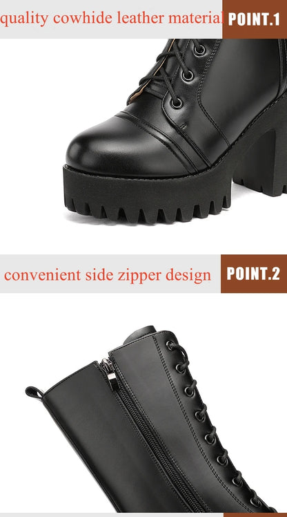 10cm Small Size 32-43 Fall Winter Genuine Leather Boots Platform Shoes 2026 Womens Block High Heels Mid Leg Boots Office Model