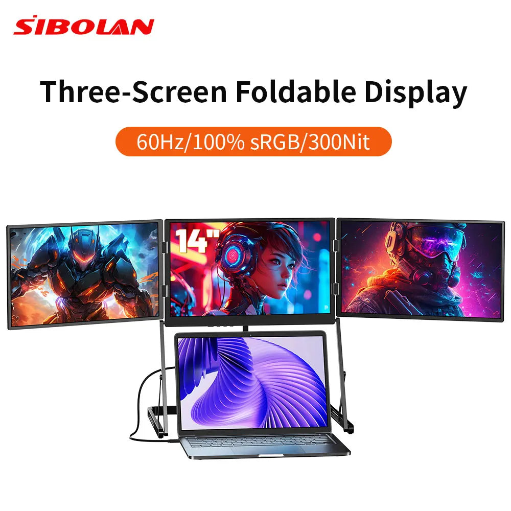 Sibolan 14" Three Screen Portable Monitor 60Hz 100% sRGB Metal Body HDMI USB-C Plug Tripe Laptop Screen Extender For Win mac OS