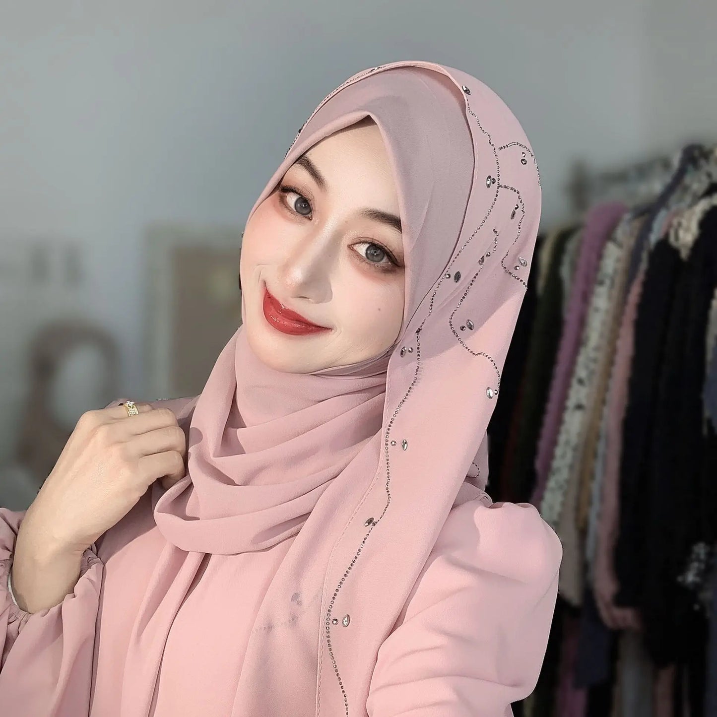 Malay Solid Chiffon Turban Head Scarf for Women, Irregular Rhinestone Hotfix Wrapped L-Edge Pull-On Scarf,Soft Muslim Hijab Wrap