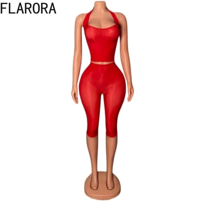 FLARORA Sexy Mesh See Through 2 Piece Sets Woman Halter Crop Tank Tops And Skinny Capri Pants Hottie Midnight Party Club Suits