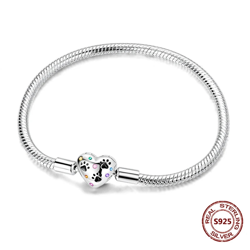 Silver 925 Bracelet Original Bracelets Colorful Zircon Heart Flower Cat Snake Chain For DIY Charms 17-20CM Luxury Jewelry Gifts