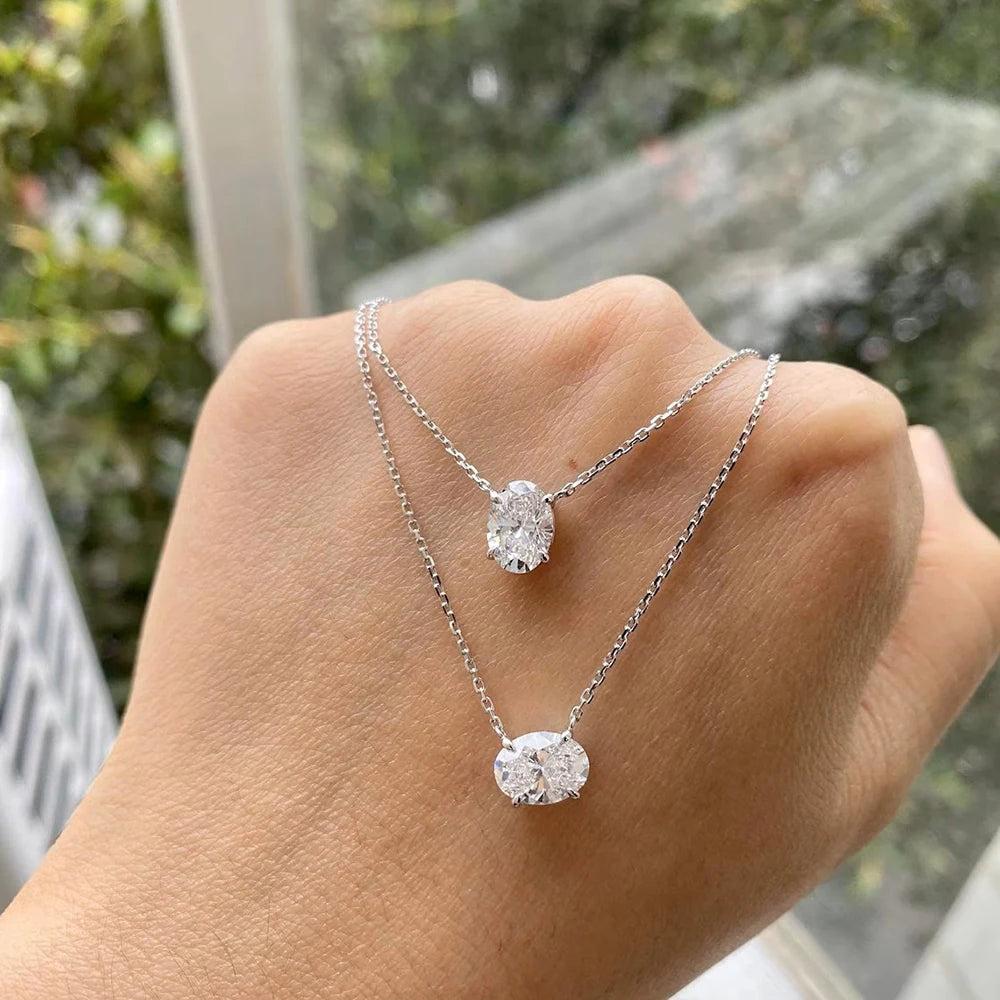 WSHUO 1/2/3carat East West Set Oval Cut Solitaire Moissanite Diamond Pendant Necklaces for Women Adjustable Stackable Neck Chain