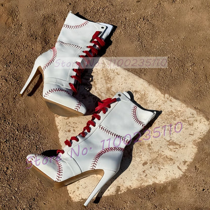 Baseball Sewing Design Stiletto Ankle Boots Women Round Toe Stylish White High Heel Boots Two Tone Splicing Cross Tied Shoes