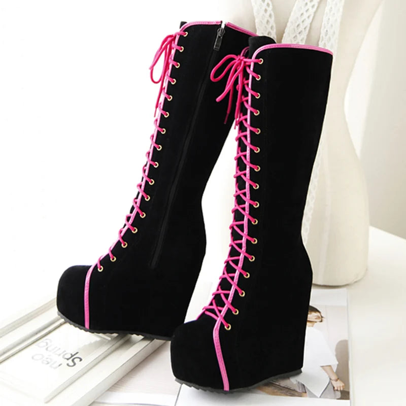 Fashion Knee High Boots Women Platform Sexy Wedge Heels Women's High Boots Lace-up Round Toe Black Dance Shoes For Girls