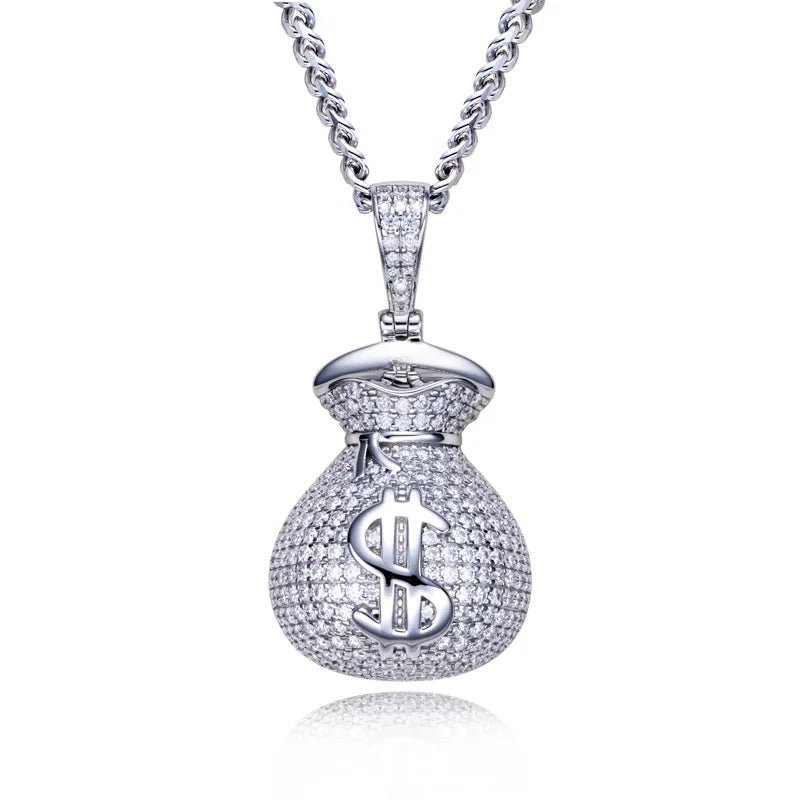 MossanRappr 2.8cttw Moissanite Bling Dollar Money Bag Pendant Hip Hop  Necklace 925 Sterling Silver Heavy Metal Jewelry for Men