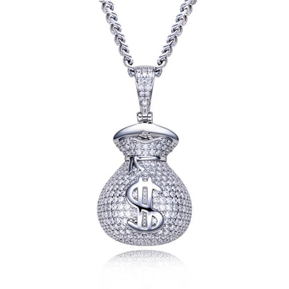 MossanRappr 2.8cttw Moissanite Bling Dollar Money Bag Pendant Hip Hop  Necklace 925 Sterling Silver Heavy Metal Jewelry for Men