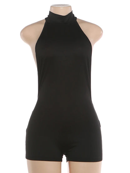 Whatiwear Playsuits Women Backless Turtleneck Sleeveless Solid Skinny Sexy Midnight Simple Classic Party Hottie Streetwear