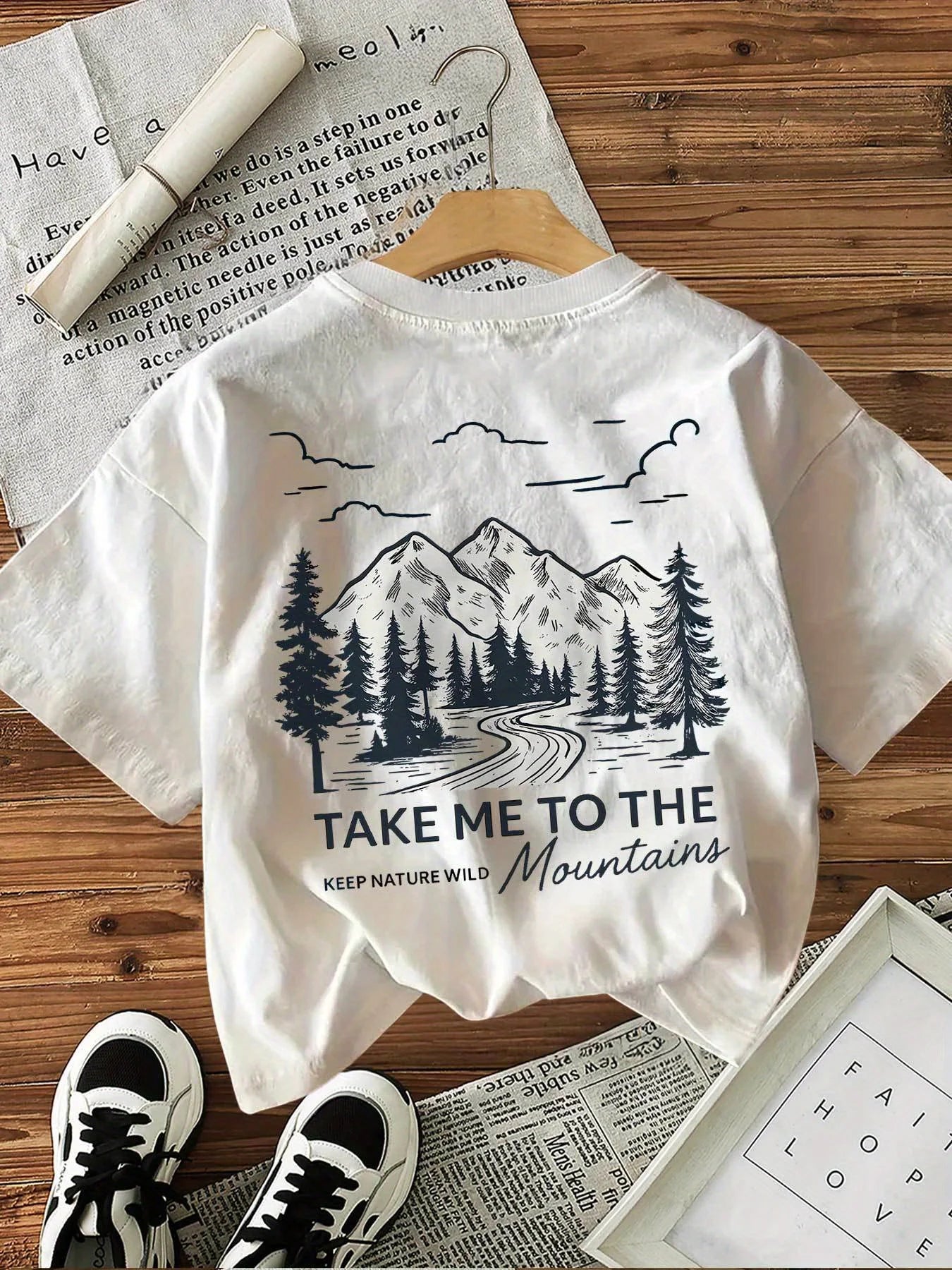 100% Cotton Women's T-Shirt Mountain Landscape Graphic Tee with "Take Me To The Wild" Slogan Casual Everyday Shirt Woman Girls