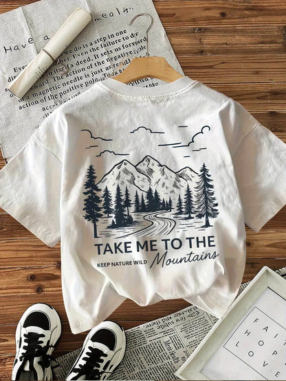 100% Cotton Women's T-Shirt Mountain Landscape Graphic Tee with "Take Me To The Wild" Slogan Casual Everyday Shirt Woman Girls