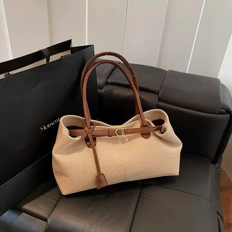 CLAREGQI  Women's Large Capacity Canvas Tote Bag, Leather Handle Shoulder Underarm Bag, Versatile Casual Commuter & Travel Handb