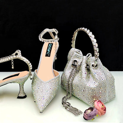QSGFC New Gold Glitter Fabric Pointed Toe High Heels With A Variety Of Shapes Of Rhinestones Fashion Party Ladies Shoes And Bag
