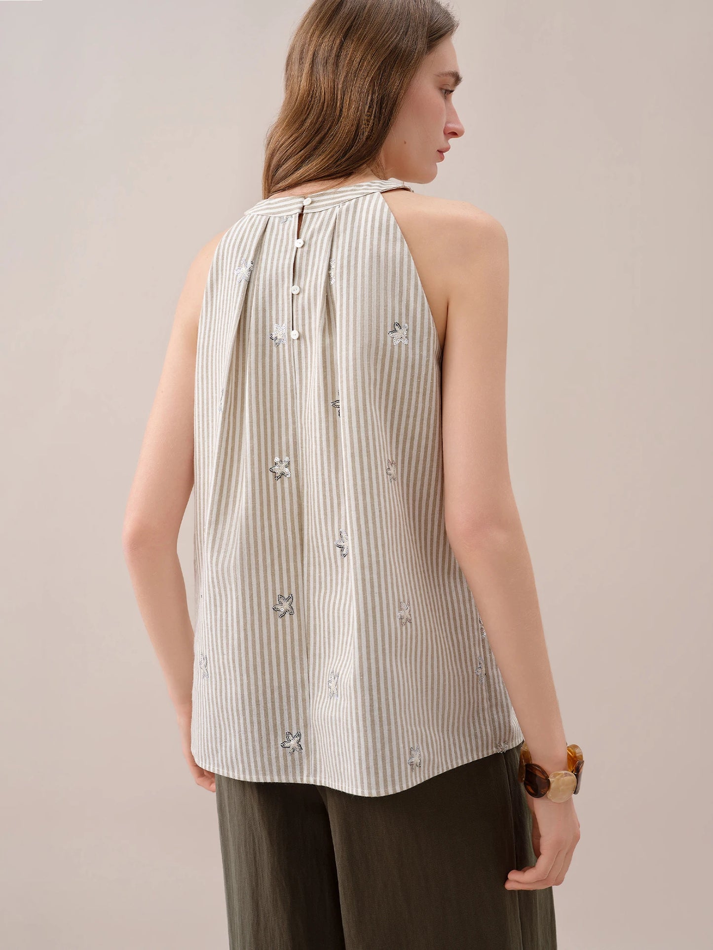 FSLE【Premium Series】2026 Summer Women's Striped Embroidered Sleeveless Blouse - Vacation Elegance Collection for Resort