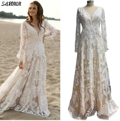 Bohemian  Long Puffy Sleeves Elopement Bridal Gowns Allover Lace Wedding Dress  A Line V Neck Tassel Boho Beach Bride Dresses