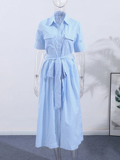 Elegant Women's Striped Long Dress Summer Lace Up Turn-Down Collar Single-breasted Blue A-line Dresses 2026 Lady Holiday Robes