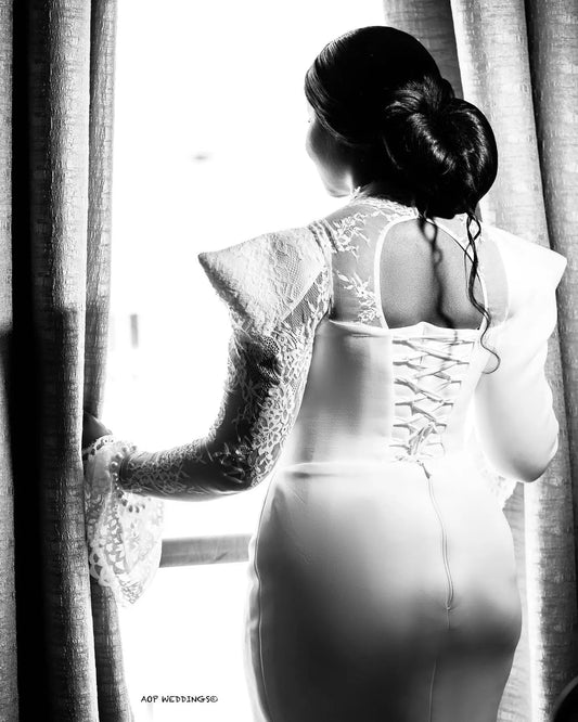 Customized Saudi Civil Wedding Dresses Jersey Sheath/Column Wedding Party Gown White Lace High Collar Pearl Bow Bridal Midi Gown