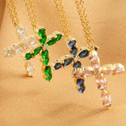Cubic Zirconia Cross Water Diamond Pendant for Women's Fashion Sexy Golden Hypoallergenic Jewelry Gift Party Banquet Necklace