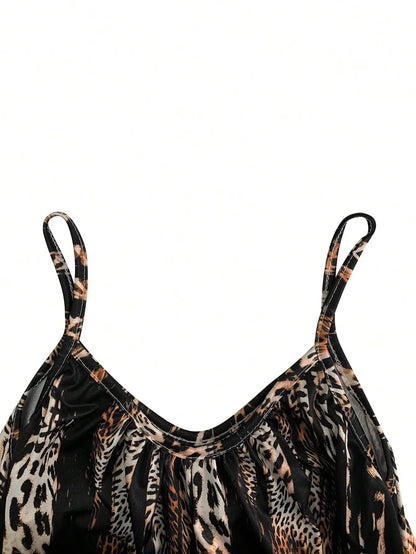 Women's Leopard Print Spaghetti Strap Wide Leg Jumpsuit, Casual V-Neck Sleeveless Loose Romper