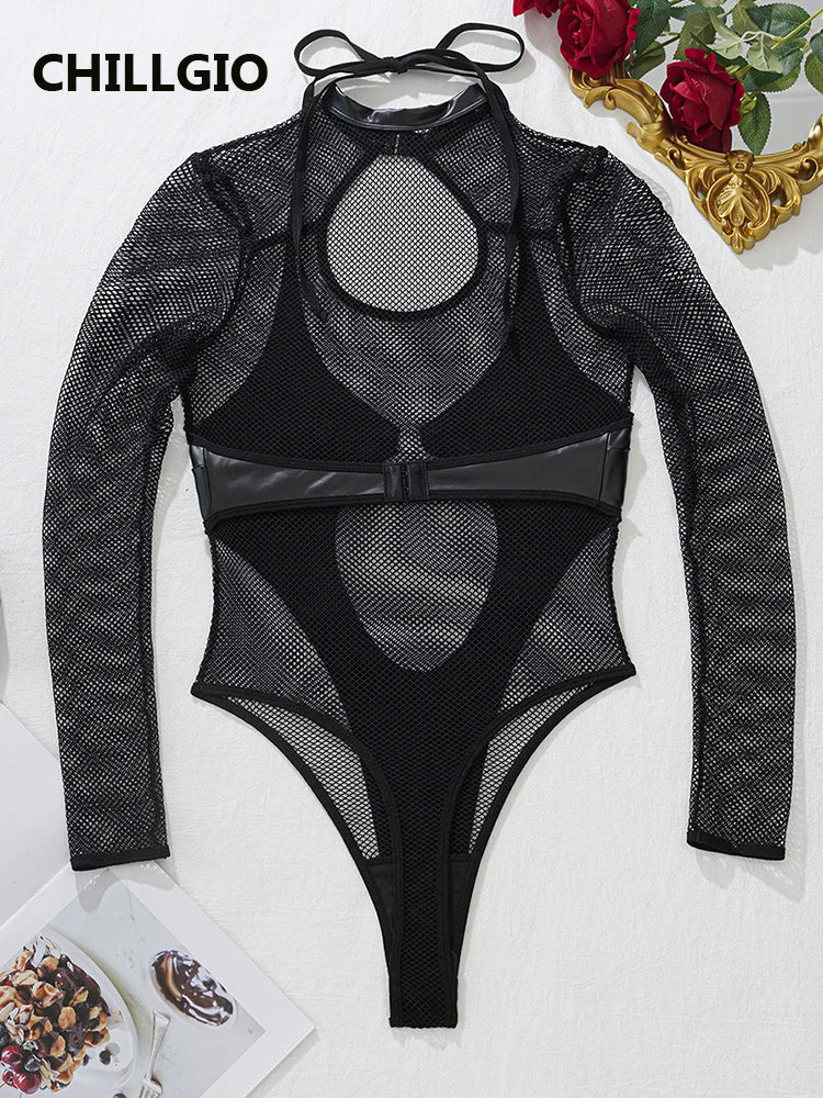 CHILLGIO Sexy Tranparent Mesh PU Women Rompers Bodycon One Piece Combination Onesie Fashion Streetwear Hollow Catsuit Hot Tights