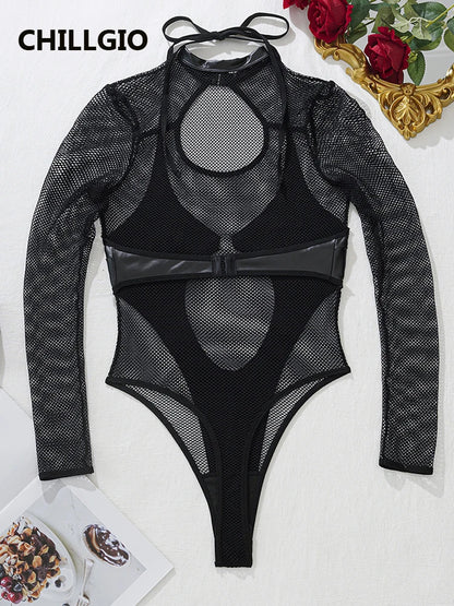 CHILLGIO Sexy Tranparent Mesh PU Women Rompers Bodycon One Piece Combination Onesie Fashion Streetwear Hollow Catsuit Hot Tights
