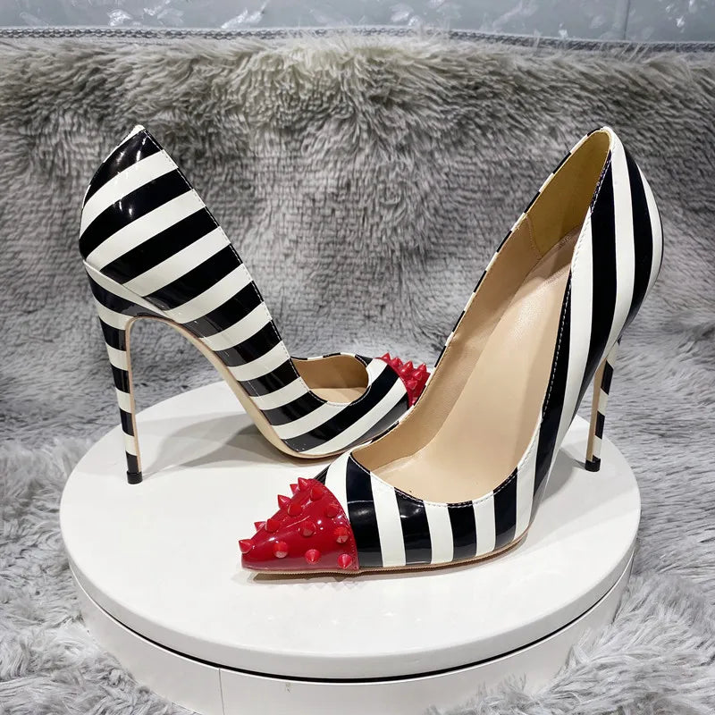 Black and white striped patent leather color blocked rivet pointed thin heel shallow mouth sexy super high heels single shoe