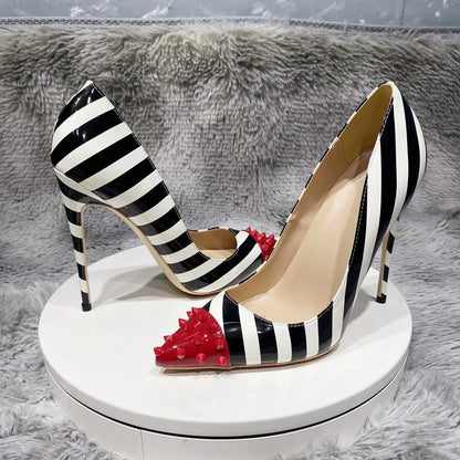 Black and white striped patent leather color blocked rivet pointed thin heel shallow mouth sexy super high heels single shoe