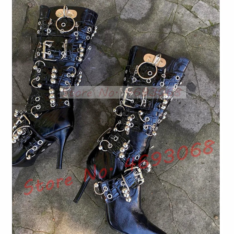 Metal Ring Rivet Black Knee High Boots Women Sexy Belt Buckle Cross Strap Thin High Heels Ladies Streetwear Punk Pointy Boots