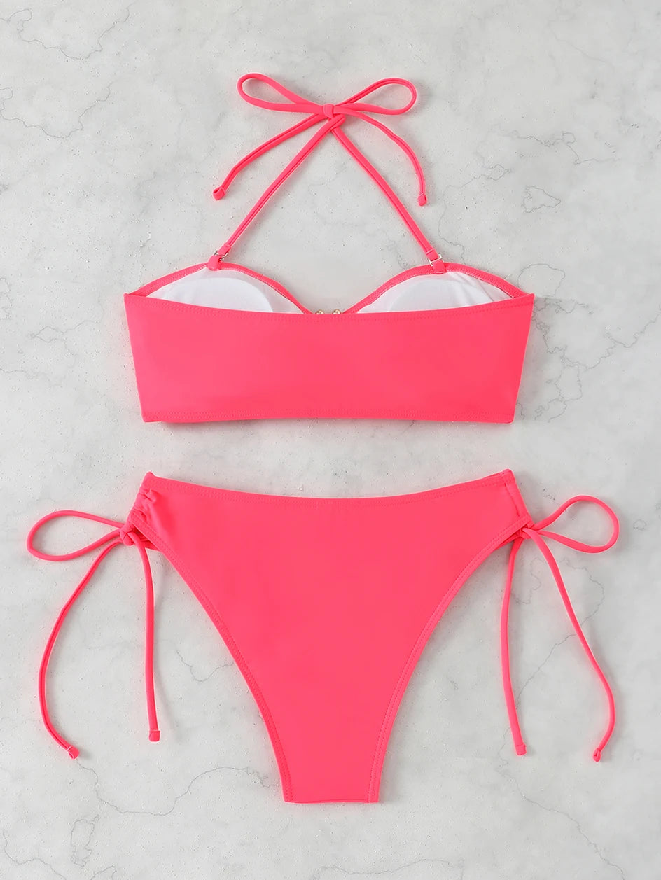 High Waist Bikini Women's Swimsuit 2026 Knotted Bathing Suits Woman Swimwear Bandeau Push Up Bikinis Sets Brazilian Beach Wear