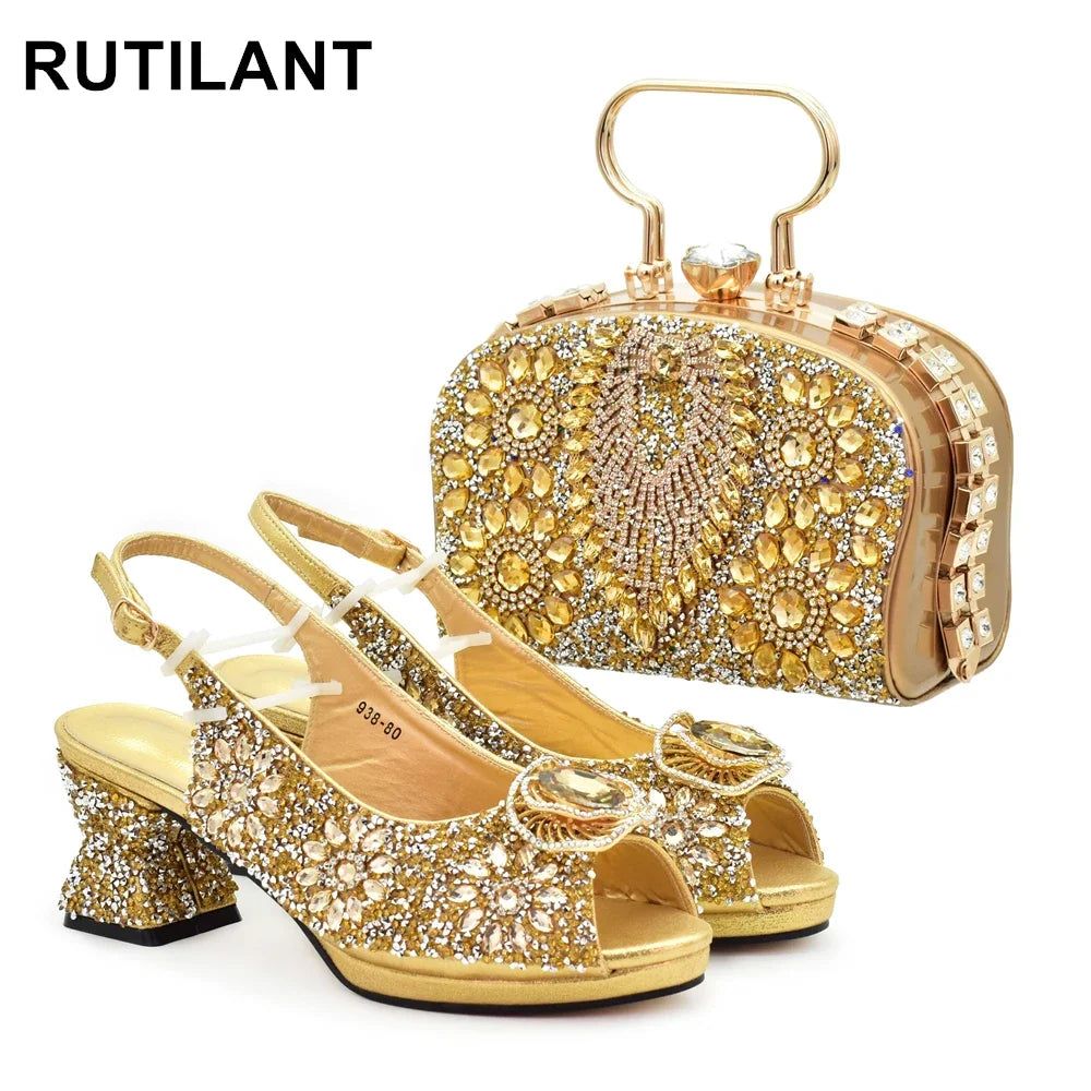 Popularity Peep Toe Heels for Women 2025 Elegant Party Full Diamond Pumps Italian Shoes and Bags Matching Set Bridal Shoes