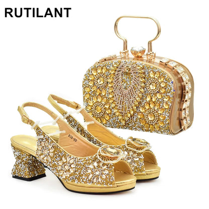 Popularity Peep Toe Heels for Women 2025 Elegant Party Full Diamond Pumps Italian Shoes and Bags Matching Set Bridal Shoes
