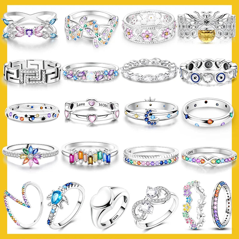 LAZA 925 Sterling Silver Colorful Rings Sparking Zirconium Bowknot Moon Sun Original Ring For Women Anniversary Wedding Gifts