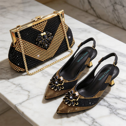 Women Black Gold Rhinestone Slingback Heels Matching Clutch Bag Set Luxury Crystal Flower Pointed Toe Kitten Heel Sandals