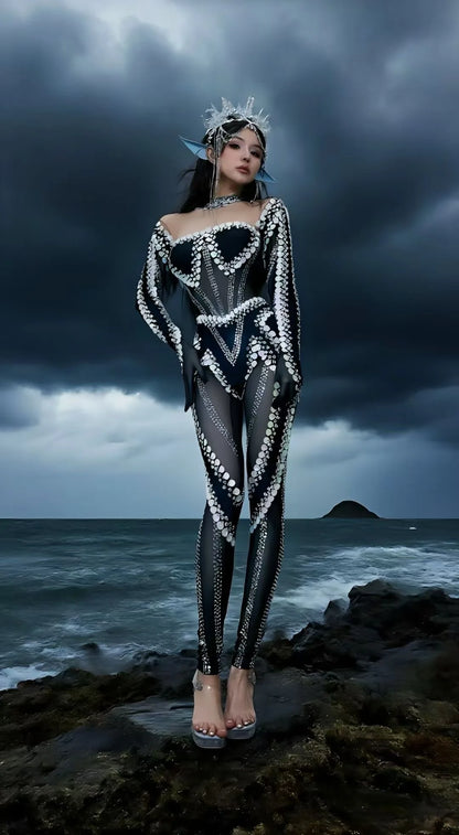 Women Special Occassion Dress Printed Sequines Rhinstones Bodycon Jumpsuits Y2k Party Evening Club Gothic Stage Costumes