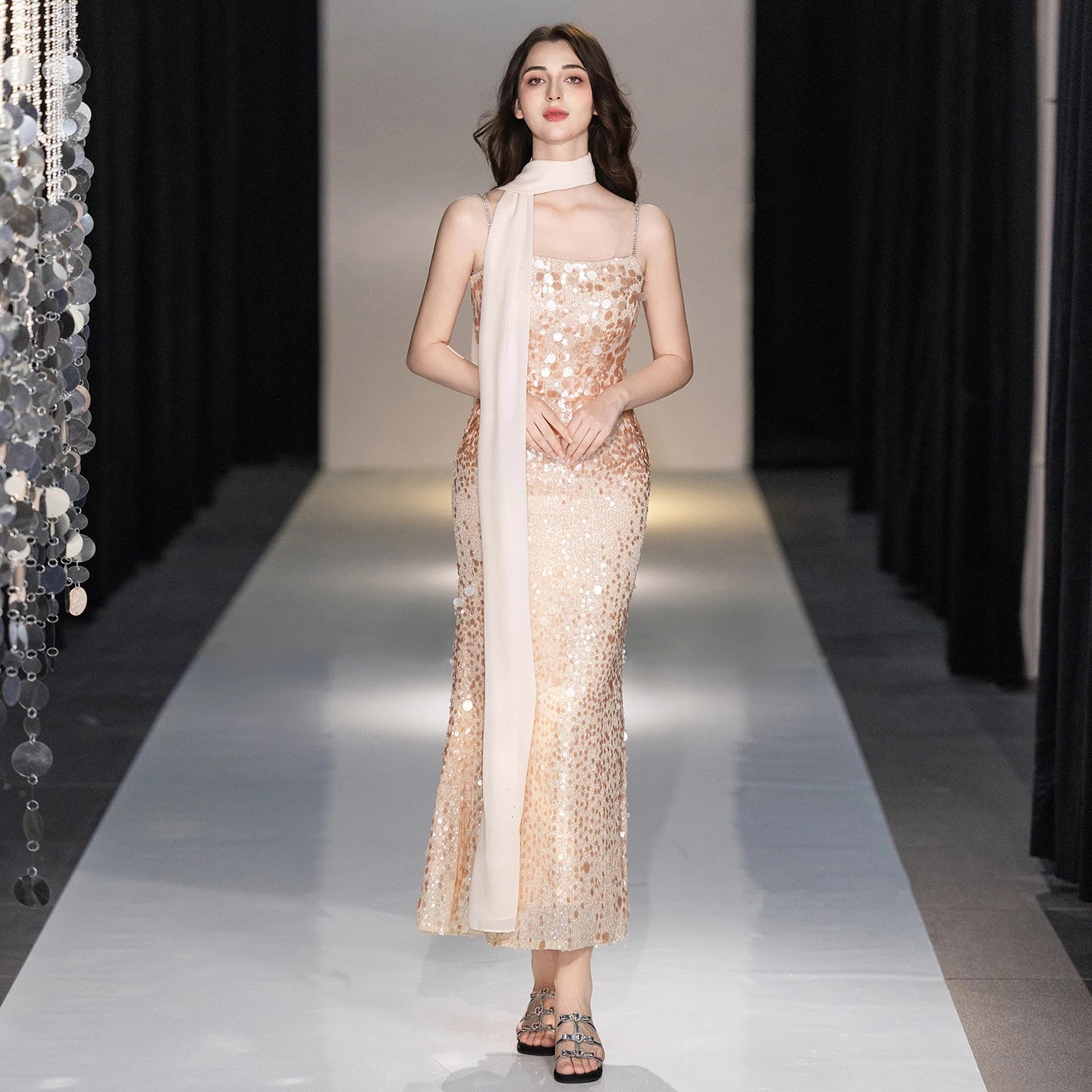 Champagne Rhinestone Spaghetti Strap Mermaid Evening Dress Big Sequins Chiffon Cape Neck Scarf Midi Wedding Guest Gown