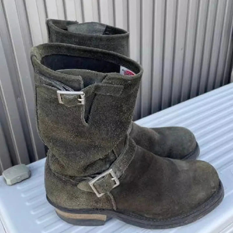 Hot Dark Green Handmade Vintage Khaki Suede Work Boots Men and Women Engineer Shoes American Retro Moto Faded Mid-Calf Boot